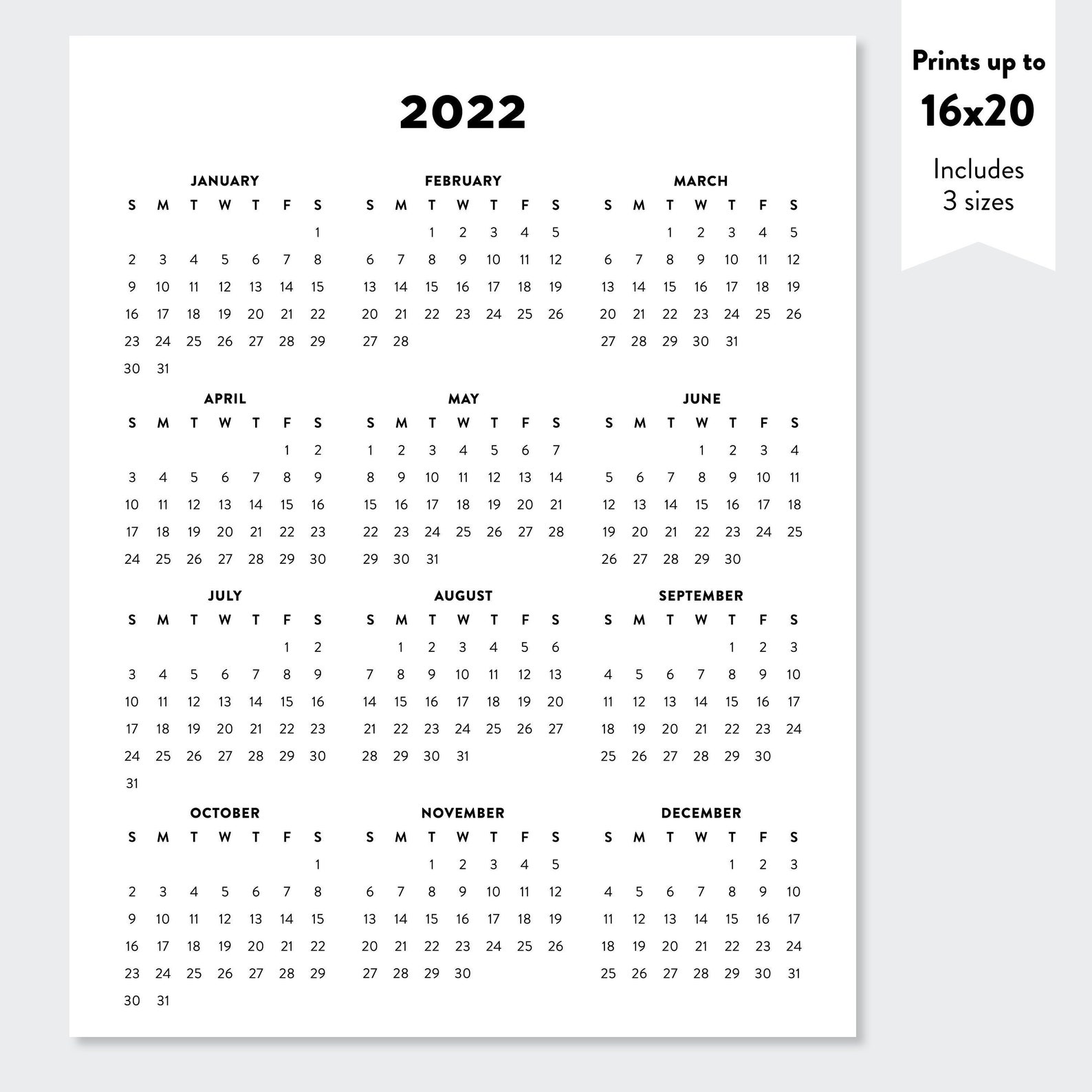 2022 minimalist printable calendars 2022 simple year