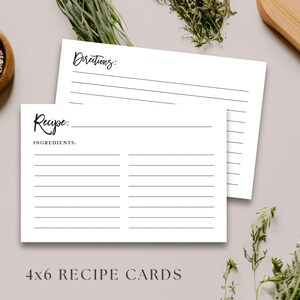 May include: Two blank recipe cards with lined spaces for writing down ingredients and directions. The cards are white and have black text that says "Recipe" and "Directions". The cards are 4x6 inches.