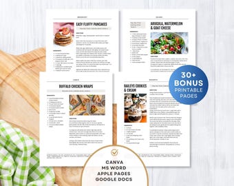 Plantilla de recetario de 4 páginas, libro de recetas editable, páginas de recetas imprimibles para MS Word, Apple Pages, Google Docs, plantilla de Canva y carpeta.