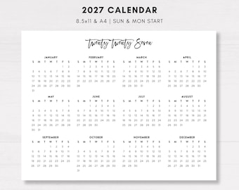 Calendario da tavolo stampabile 2027, semplice planner annuale per ufficio, download immediato, formato orizzontale orizzontale, formato A4 e lettera