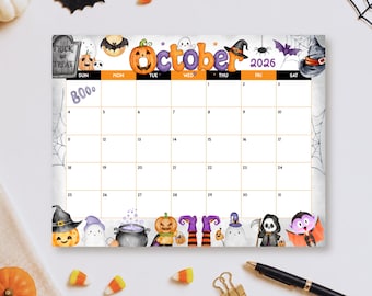 October 2026 Printable Calendar, Cute Halloween Month Planner, Kids Spooky Calendar PDF