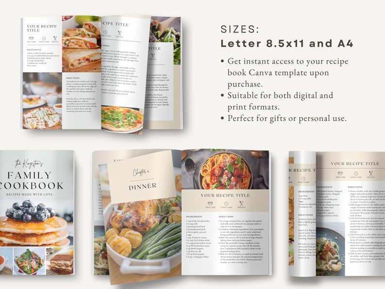 Peut inclure: Un mod&egrave;le de livre de cuisine num&eacute;rique avec un fond blanc et un design minimaliste. La couverture pr&eacute;sente une photo d'une pile de cr&ecirc;pes avec des myrtilles et un titre qui se lit "The Kingston's Family Cookbook Recipes Made With Love". Le mod&egrave;le est disponible en format Letter 8.5x11 et A4.