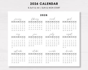 2026 Desk Calendar Printable, Letter Size, Simple Modern Planner, Sunday Monday, Year at a Glance