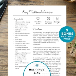 Op de afbeelding: Een afdrukbaar recept voor Easy Traditional Lasagna, met een lijst met ingrediënten en gedetailleerde instructies. De maten zijn in ounces en ponden. Het document staat op een witte achtergrond met een houten oppervlak en een mes.