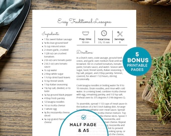 May include: A printable recipe for Easy Traditional Lasagna, featuring a list of ingredients and detailed instructions. The recipe includes measurements in pounds and ounces. The document is on a white background with a wooden surface and a knife.