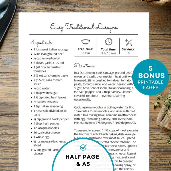 Half Letter and A5 Recipe Template, MS Word Recipe Page, Apple Pages, Editable Recipe, Kitchen Mini Binder, Printable Cookbook, Half Size