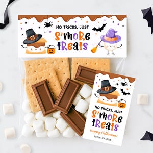 May include: A clear plastic bag filled with graham crackers, chocolate bars, and marshmallows. The bag has a decorative header with the text "NO TRICKS, JUST S'MORE TREATS" and Halloween-themed illustrations. Black paper bats and marshmallows are scattered around.