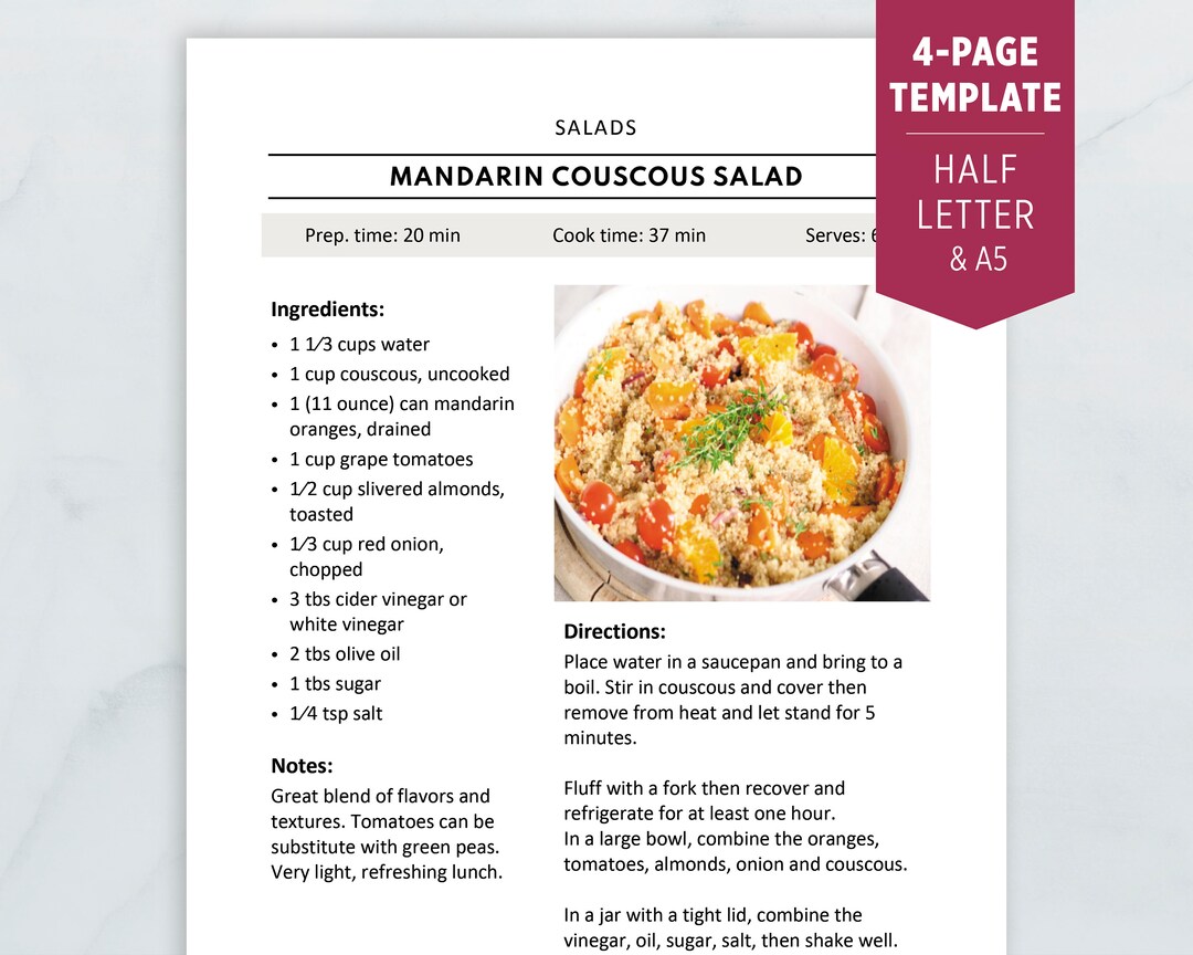 Half Letter Recipe Template, Editable Recipe Pages, Kitchen Mini Binder ...