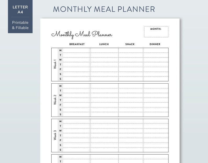 Monthly Meal Planner, Printable and Fillable Page in US Letter and A4