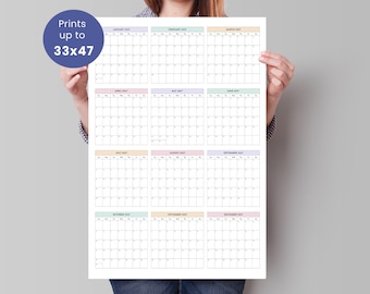 May include: A large wall calendar for the year 2027 featuring twelve monthly grids with pastel-colored headers. A circular blue badge in the top left corner displays the white text Prints up to 33x47 inches, indicating the available print size.