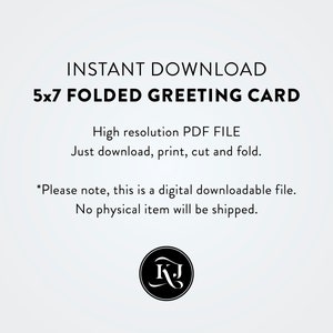 Puede incluir: Una descarga digital para una tarjeta de felicitaci&oacute;n plegada de 12,7 x 17,8 cm. El texto dice "DESCARGA INSTANT&Aacute;NEA TARJETA DE FELICITACI&Oacute;N PLEGADA 12,7 X 17,8 CM Archivo PDF de alta resoluci&oacute;n Simplemente descargue, imprima, corte y doble. *Tenga en cuenta que este es un archivo digital descargable. No se enviar&aacute; ning&uacute;n art&iacute;culo f&iacute;sico."