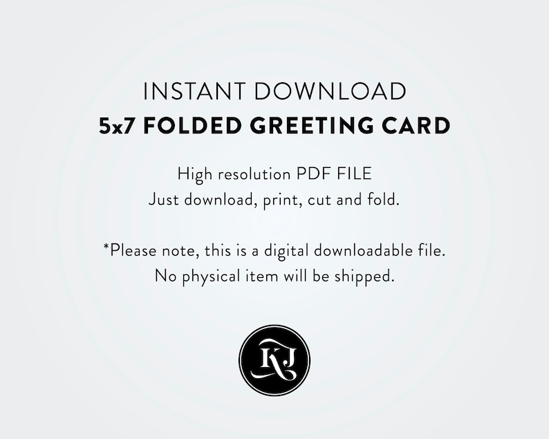 Puede incluir: Una descarga digital para una tarjeta de felicitaci&oacute;n plegada de 12,7 x 17,8 cm. El texto dice "DESCARGA INSTANT&Aacute;NEA TARJETA DE FELICITACI&Oacute;N PLEGADA 12,7 X 17,8 CM Archivo PDF de alta resoluci&oacute;n Simplemente descargue, imprima, corte y doble. *Tenga en cuenta que este es un archivo digital descargable. No se enviar&aacute; ning&uacute;n art&iacute;culo f&iacute;sico."