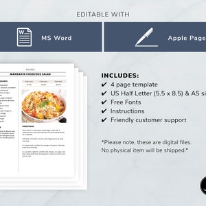 Half Letter Recipe Template, Editable Recipe Pages, Kitchen Mini Binder ...