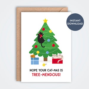 Carte de voeux pliée imprimable Treemendous, carte de Noël, jolie carte drôle pour les amoureux des chats, carte de vœux avec des chats drôles, 5 x 7 instantané