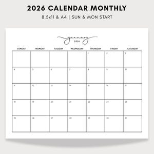 Può includere: Calendario mensile minimalista 2026 in bianco e nero. Il calendario è per gennaio, con un layout a griglia e i giorni della settimana in alto. Il testo "2026 CALENDAR MONTHLY" e "8.5x11 & A4 | SUN & MON START" è in alto.