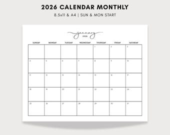 2026 Printable Monthly Calendar, Simple Desk 2026 Planner, 8x11, A4, Instant Download