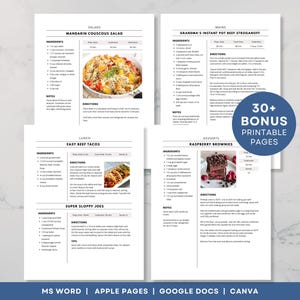 Receptsjabloon met 4 pagina's, afdrukbaar receptenboek, bewerkbare receptsjabloon Word, Mac Pages, Google Docs, Canva, eenvoudig kookboeksjabloon opschonen