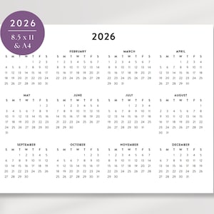 2026 Printable Calendar, 2026 Desk Calendar, Office Calendar, Instant Download, Minimalist Calendar, Landscape, Year Calendar Horizontal