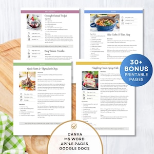 Modèle de recette modifiable de 4 pages pour MS Word, documents Google, pages Mac, modèle Canva, livre de cuisine imprimable, livre de recettes, téléchargement immédiat