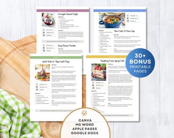 4 Page Editable Recipe Template for MS Word, Google Docs, Mac Pages, Canva Template, Printable Cookbook, Recipe Book, Instant Download