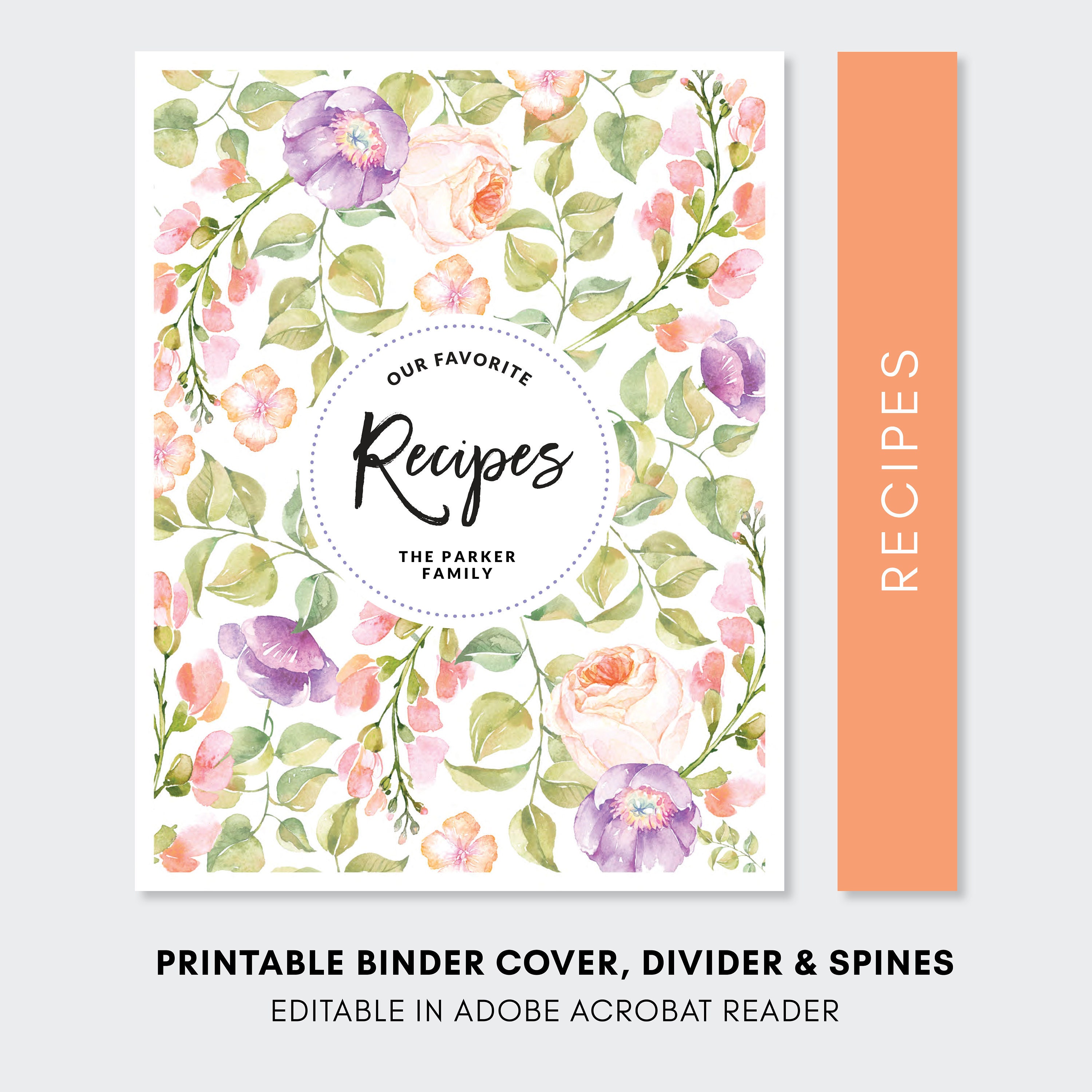 Printable Floral Recipe Binder Cover Editable Recipe Template Etsy Ireland