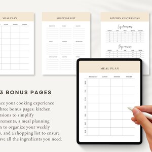 Peut inclure: Trois pages imprimables pour la planification des repas&nbsp;: un planificateur de repas hebdomadaire, une liste de courses et un tableau de conversions culinaires. Les pages sont beiges avec du texte noir et des lignes.