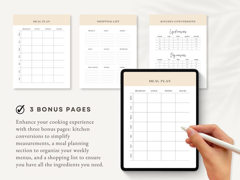 Peut inclure: Trois pages imprimables pour la planification des repas&nbsp;: un planificateur de repas hebdomadaire, une liste de courses et un tableau de conversions culinaires. Les pages sont beiges avec du texte noir et des lignes.