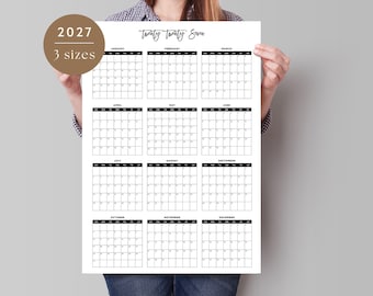 May include: A black and white printable calendar for the year 2027. The calendar is divided into 12 months, with each month displayed in a separate square. The calendar is titled "Twenty Twenty Seven".
