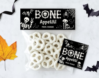 Printable Halloween Treat Bag Topper, Skeleton Bag Topper, Bone Appetit Gift Tag, Candy Favor Tag, Bag of Bones, Editable Canva Template