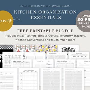 May include: A printable bundle of kitchen organisation essentials, including meal planners, binder covers, inventory trackers, and kitchen conversions. Over 30 free printable pages.