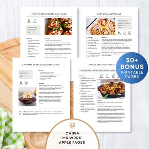 4 Page Recipe Template, Kitchen Editable Cookbook, Allergy Dietary Icons, Printable Template for MS Word, Canva and Apple Pages, Digital