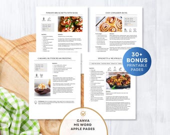 4 Page Recipe Template, Kitchen Editable Cookbook, Allergy Dietary Icons, Printable Template for MS Word, Canva and Apple Pages, Digital