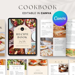 May include: A digital cookbook template with a modern design. The cover features a photo of a charcuterie board with fruit and cheese. The template is editable in Canva and includes a title page, recipe pages, and kitchen conversion charts.