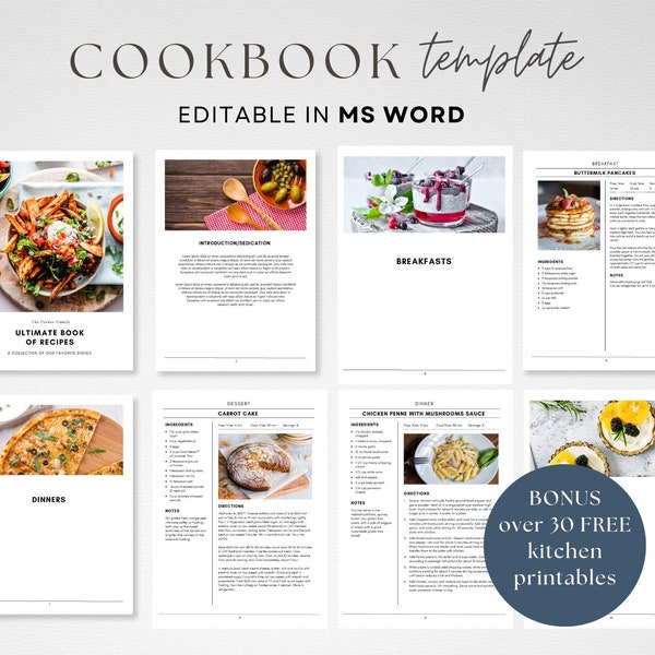 Bewerkbare MS Word-sjabloon, afdrukbare receptbinderkit, direct downloaden, doe-het-zelf kookboek, aanpasbare keukenorganisator, receptpagina'sboek