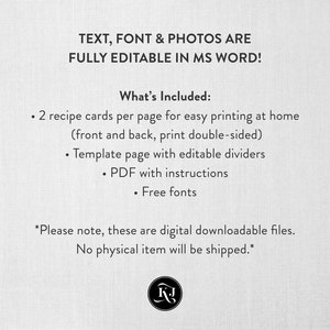 4x6 and 5x7 Recipe Card Template, Recipe Card MS Word Template, Printable Recipe Cards, Recipe Page, Editable Recipe Cards and Dividers image 10