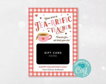 You're a Tea-rrific Teacher, Teacher Valentine Card Holder, Gift for Teacher, Printable Tea Gift Card Holder, Teacher Card Holder Valentine