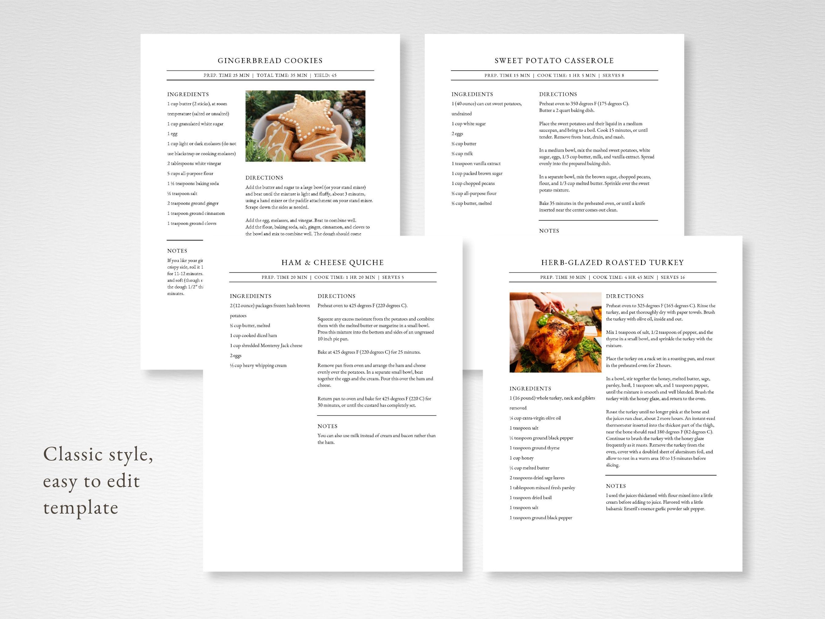 Recipe Book Template, Printable MS Word Template, Classic Style ...