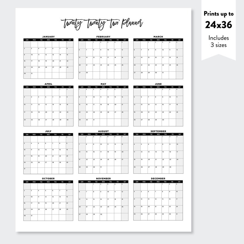 2022 Printable Large Calendar 2022 Simple Wall Calendar 2022 Etsy