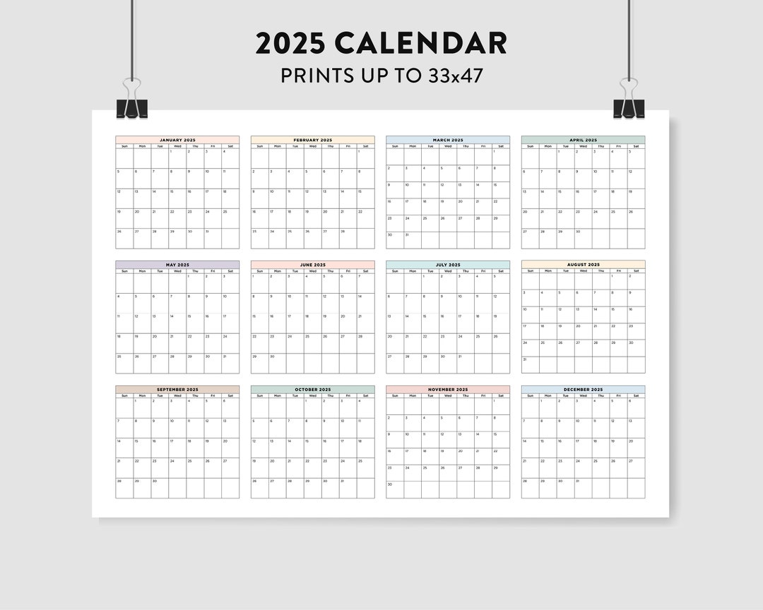 2025 Wall Calendar, 2025 Large Printable Calendar, 2025 Pastel Calendar