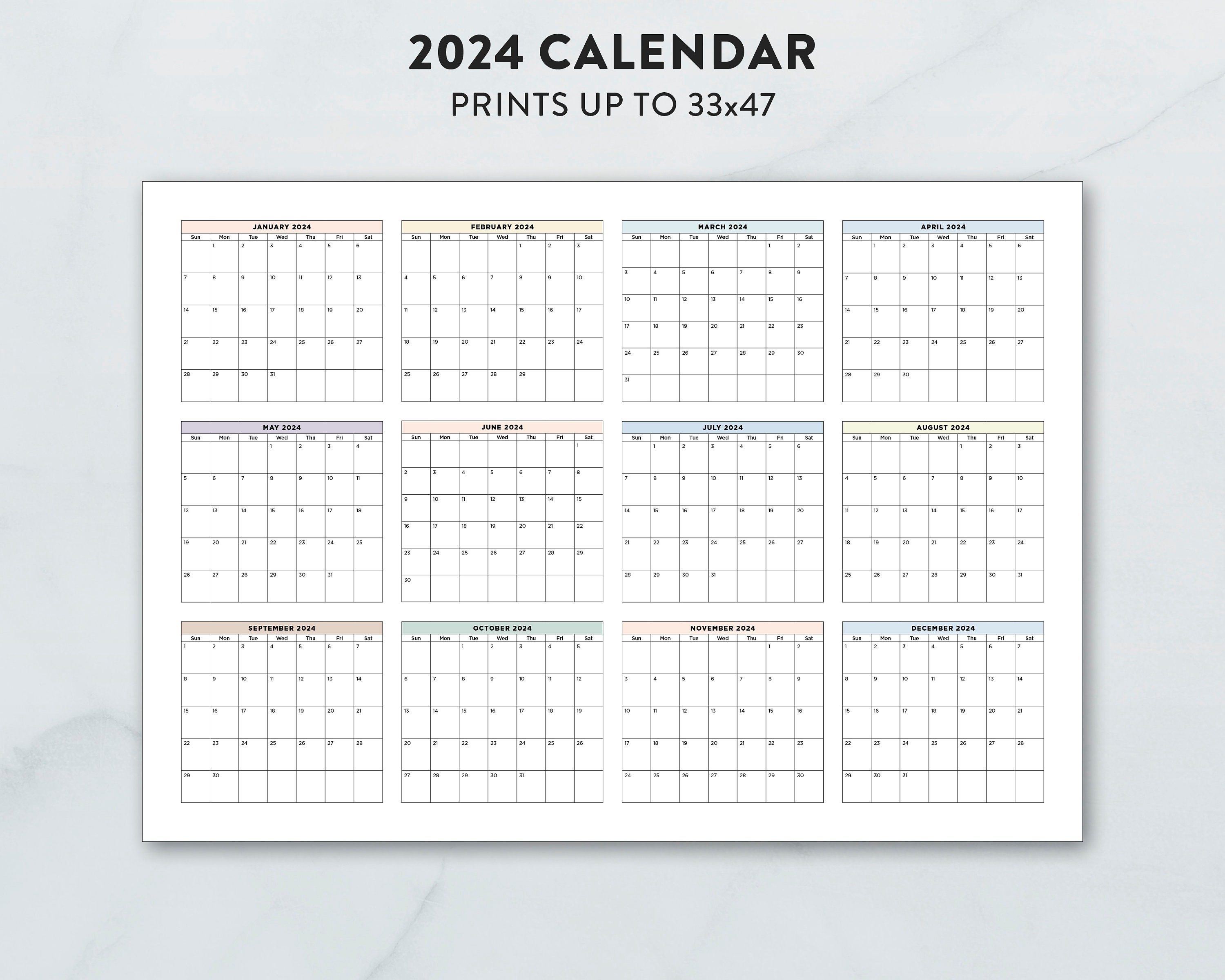 2024 Wall Calendar 2024 Large Printable Calendar 2024 Pastel Etsy