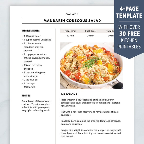 Recipe Template, Printable Recipe Book, Editable Recipe Template Word, Mac Pages, Google Docs, Clean Simple Cookbook Template, 4 Page