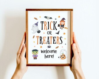 Letrero de bienvenida para pedir dulces, letrero de mesa con tazón de dulces de Halloween, letrero imprimible para dulces en el porche, letrero de puerta para pedir dulces, descarga digital