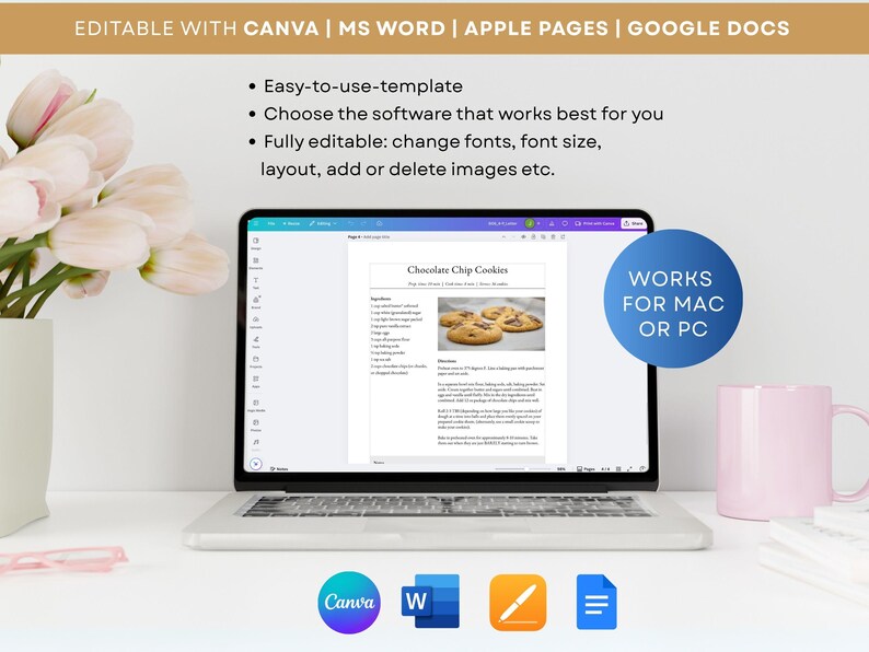 Modello di ricetta per MS Word, Google Docs, Mac Apple Pages, modello di ricettario modificabile, modello di ricetta classica, A4, lettera, modello Canva immagine 6