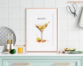Watercolor Martini Cocktail Digital Wall Art, Printable Martini Poster, Kitchen Wall Art, Instant Download, Bar Decor