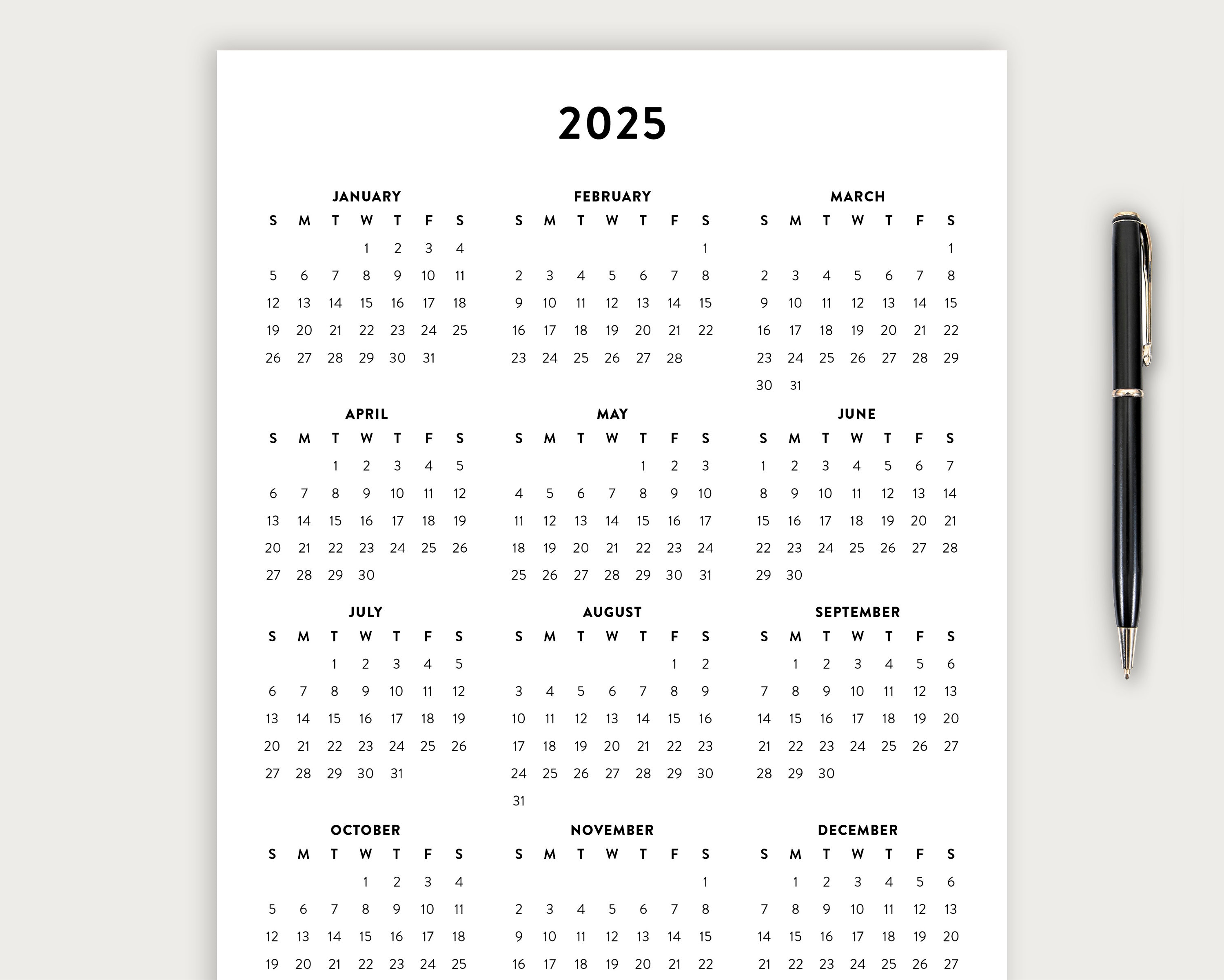 Calendario imprimible de letras minimalistas 2025, Planificador simple