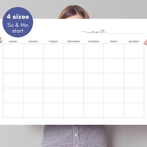 Calendario imprimible en blanco, calendario de pared grande sin fechas, tamaños 8x11, 18x24, 24x36 y 27x40, con inicio en domingo y lunes, descarga digital