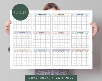 Wall Calendar, 2024, 2025, 2026, 2027,  Large Printable Calendars, Pastel Calendar, Calendar Landscape, Digital Download, 18x24 Calendar