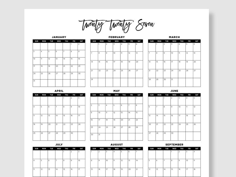 Printable Tue 2027 Year Calendar, Printable Large Office Wall Planner, Big Vertical ...