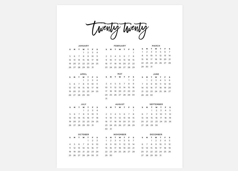 2020 Calendar Simple Calendar 2020 Year Calendar 2020