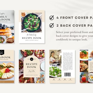 Peut inclure: Quatre designs diff&eacute;rents de couverture avant pour un livre de cuisine familial, mettant en sc&egrave;ne diverses photos de plats. Deux designs de couverture arri&egrave;re sont &eacute;galement pr&eacute;sent&eacute;s, l'un avec une photo d'une femme et l'autre avec un collage de photos de plats. Le texte sur les couvertures indique "Family Cookbook", "Recipe Book" et "Family Favorite Meals".